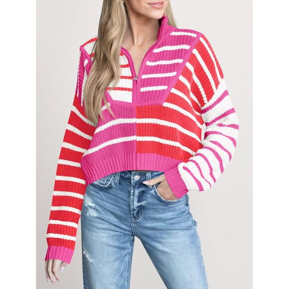 Women’s Rose Red Saodi mallsu Striped Cropped Zip Up Sweater, Color Block - Picture 2 of 6